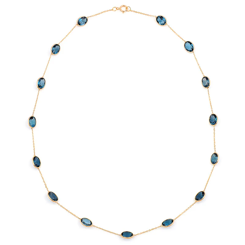 Oval Shape Blue Sapphire Necklace, 18 Karat Gold