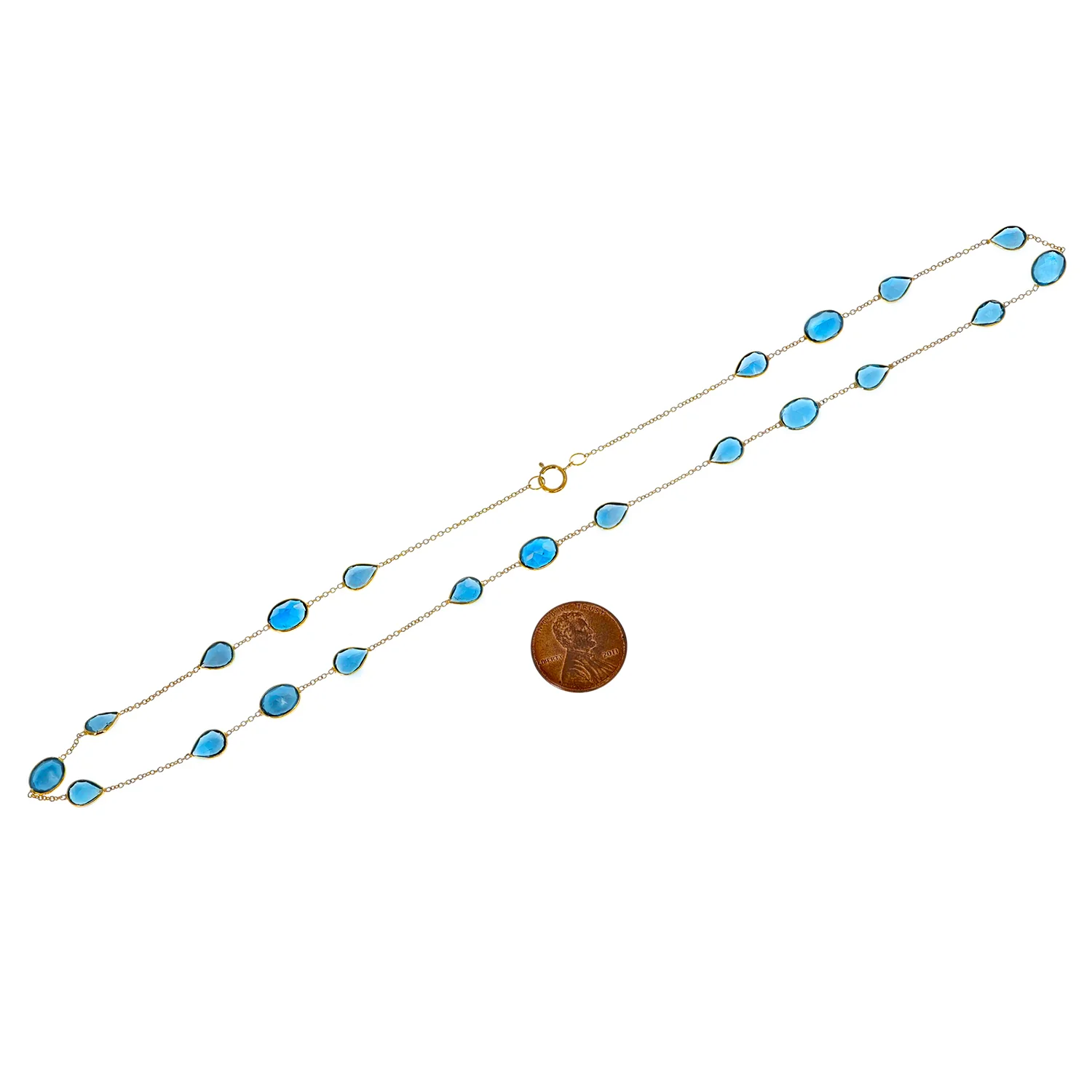 Oval and Pear shape London Blue Topaz Necklace, 18 Karat Gold