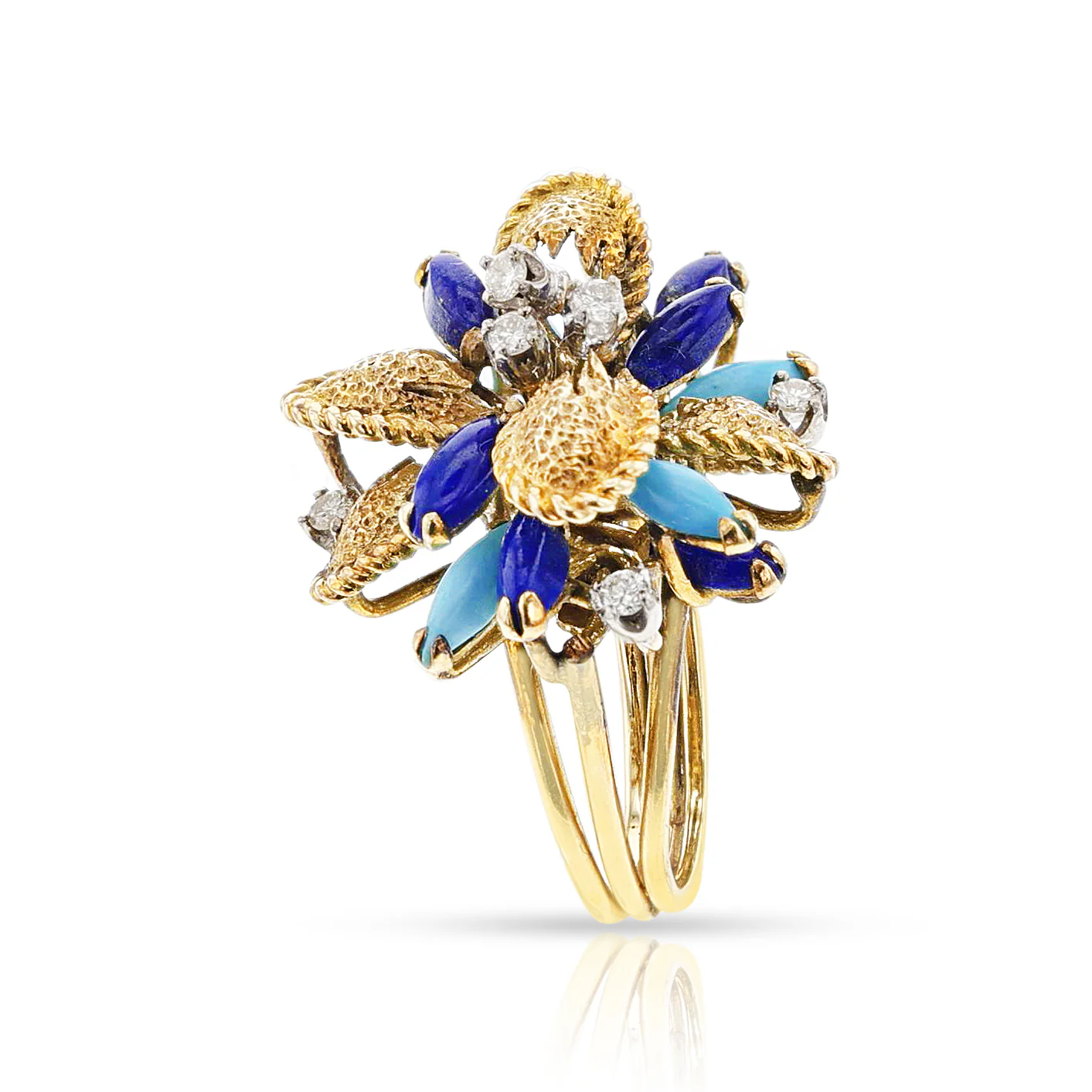 Turquoise, Lapis and Diamond Cocktail Ring, 14k