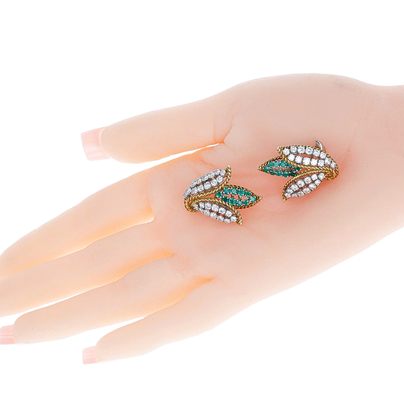 Round Diamonds and Emeralds Three Leaf Design Earrings, 18K and Platinum