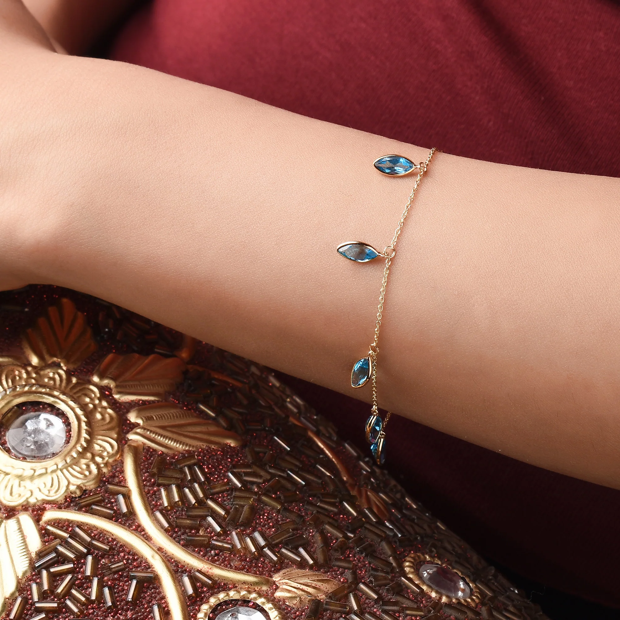 Marquise Genuine Blue Topaz, 18k Yellow Gold Adjustable Bracelet