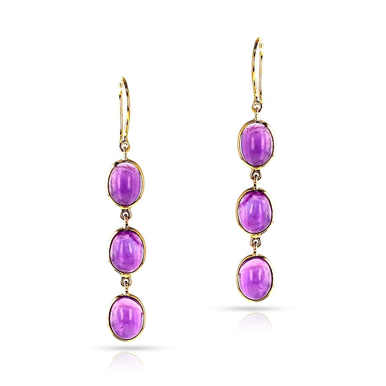 Oval Amethyst Cabochon Trio Dangling Earrings, 18k