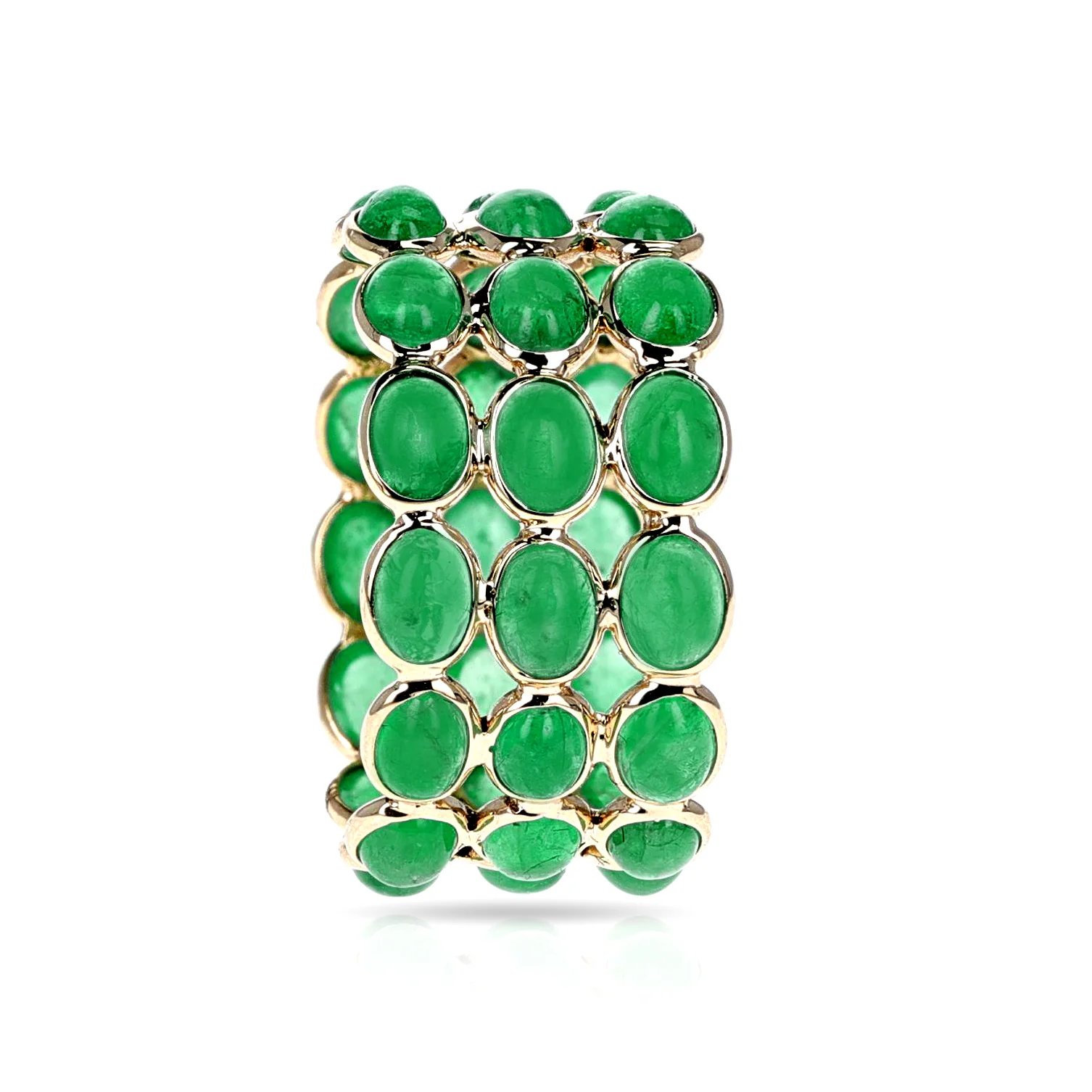 Oval Emerald Cabochon Triple Band, 18K Yellow Gold