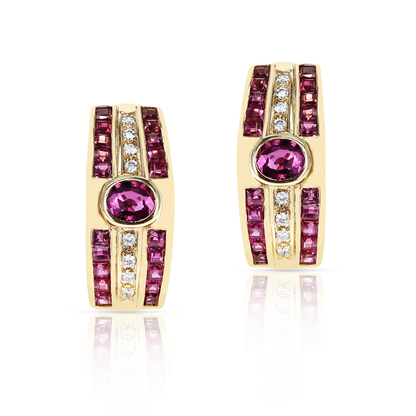 Oval Ruby and Invisibly Set Square Ruby and Round Diamond Earrings, 18K Gold