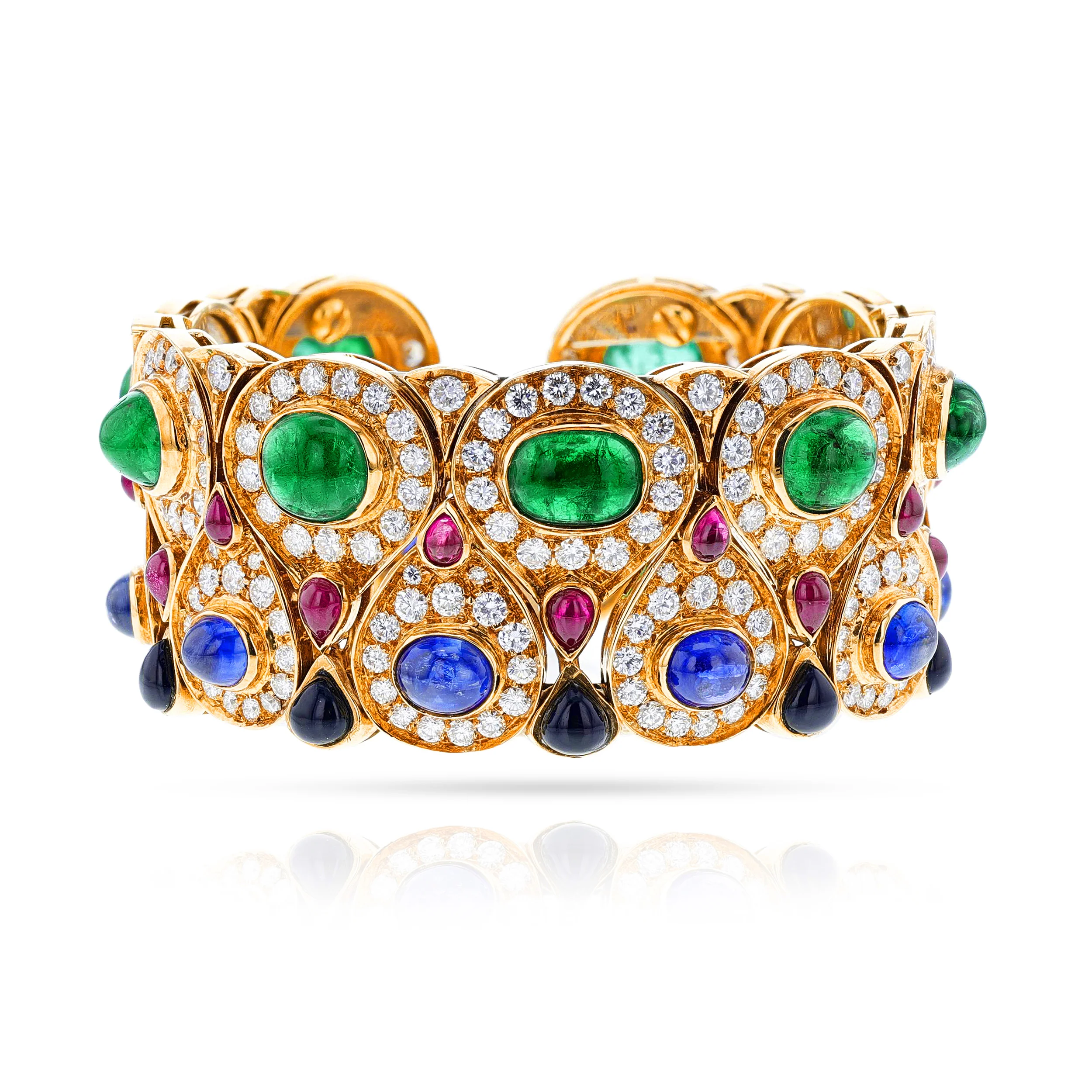 Multi-Gemstone Adjustable Bangle with Emeralds, Diamonds, Rubies, Sapphires and Onyx, 18k