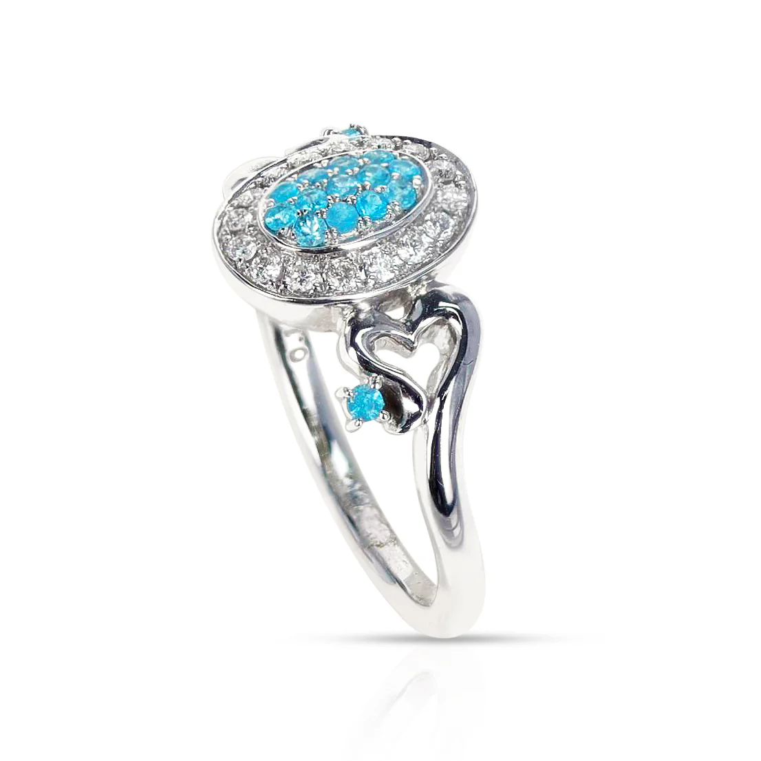 Oval Shape Ring with Brazilian Paraiba Tourmaline and Diamonds with Hearts
