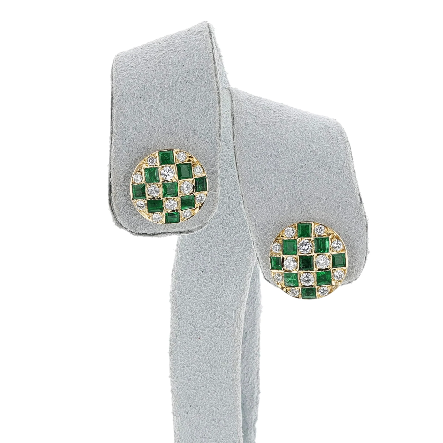 Emerald and Diamond Checkerboard Stud Earrings, 18k