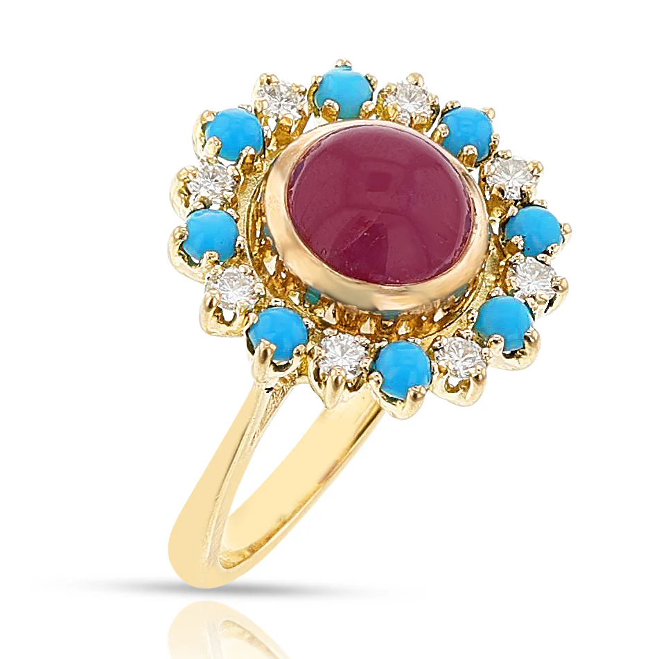 French Turquoise, Diamond and Ruby Ring, 18k