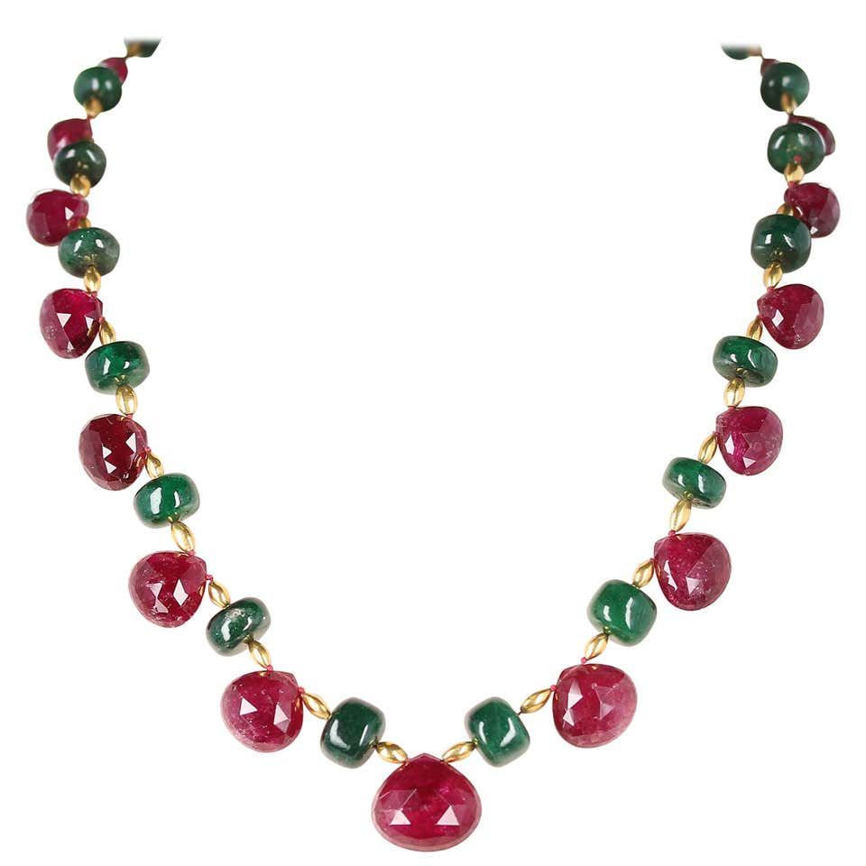 Genuine and Natural Tourmaline Drops with Emerald and Gold Beads Royal Necklace