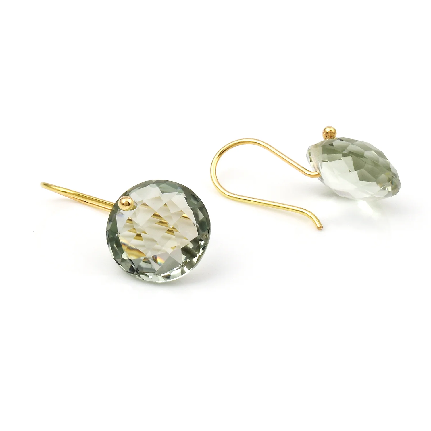 Green Amethyst Round Shape Dangling Earrings made in 18 Karat Yellow Gold.