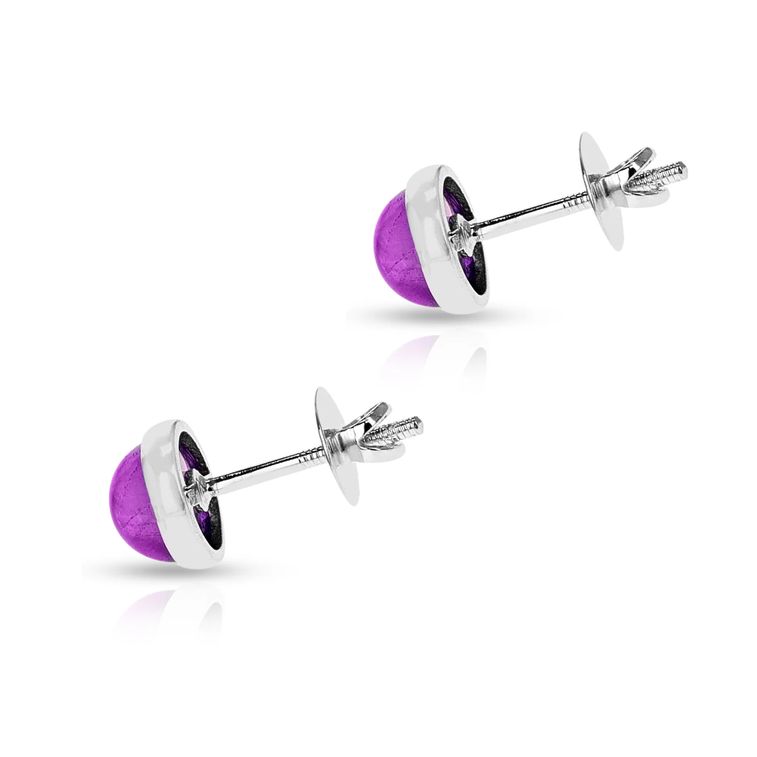 Round Amethyst Cabochon Screw-Back Stud Earrings Made in 14 Karat White Gold