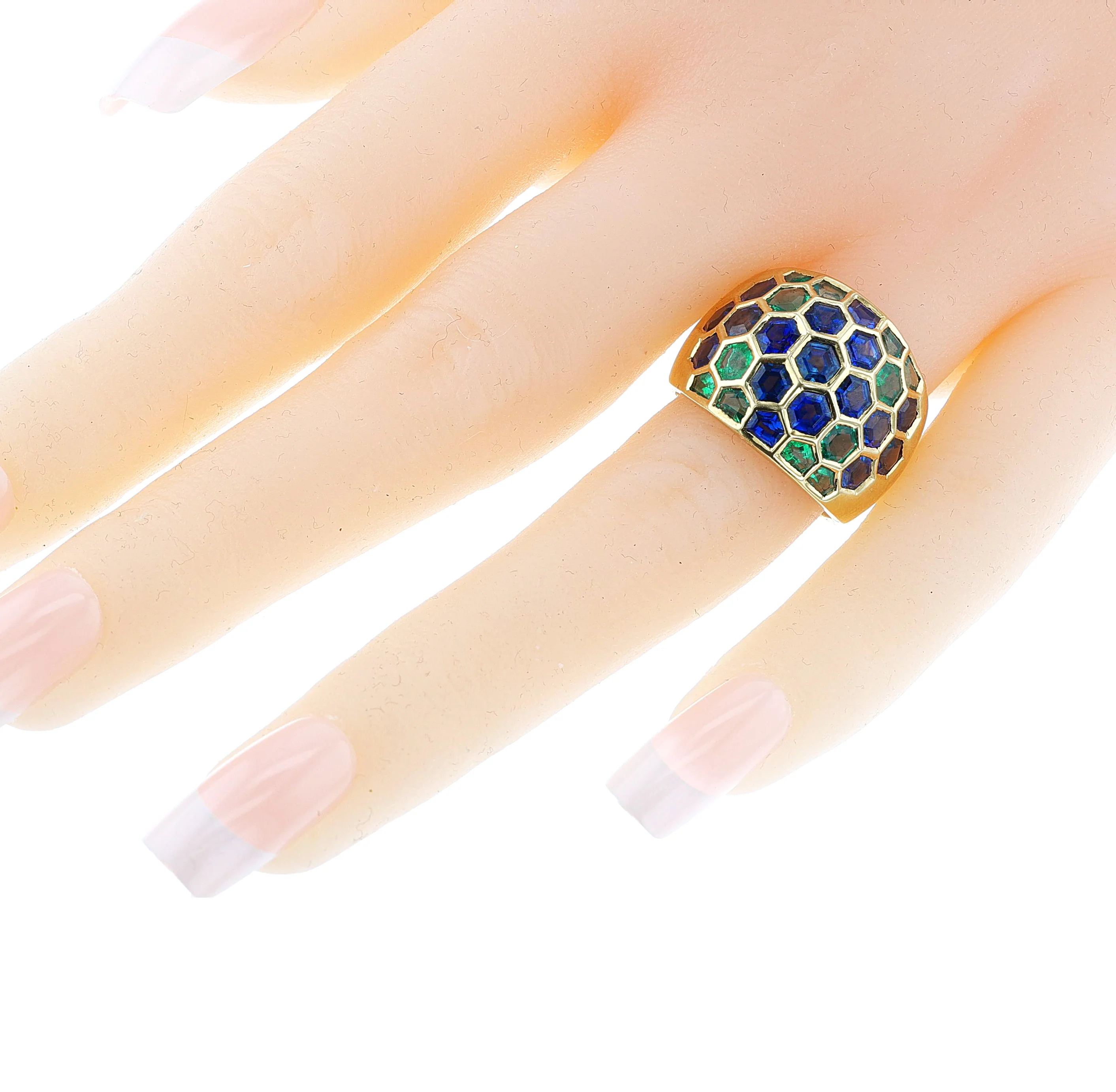 Sabbadini Milano Hexagonal Emerald and Sapphire Bombe Ring, 18k