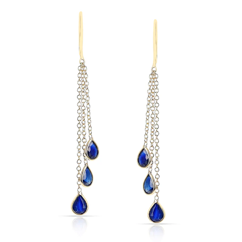 Ruby, Sapphire, Emerald Dangling Drops Earrings made in 18 Karat Yellow Gold.
