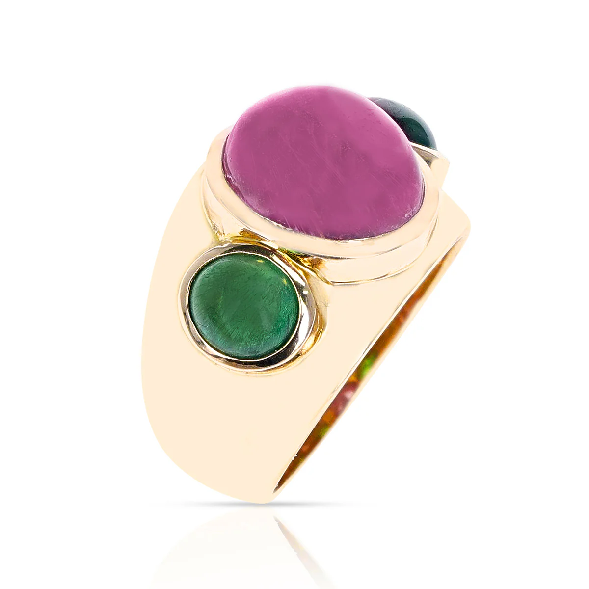 Three Stone Pink and Green Tourmaline Ring, 14K Yellow Gold