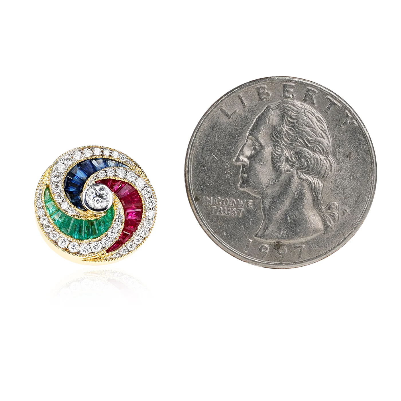 Ruby, Emerald, Sapphire and Diamond Swirl Earrings, 18K