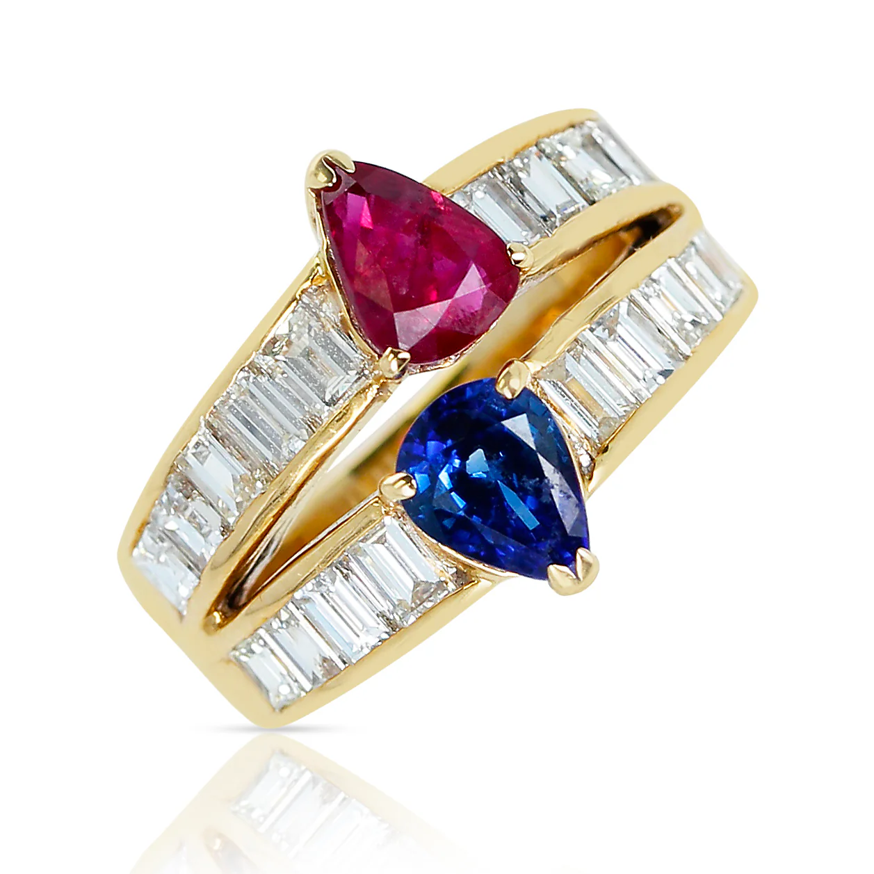Pear Shape Sapphire and Ruby Ring with Emerald-Cut Diamonds, 18k Yellow Gold