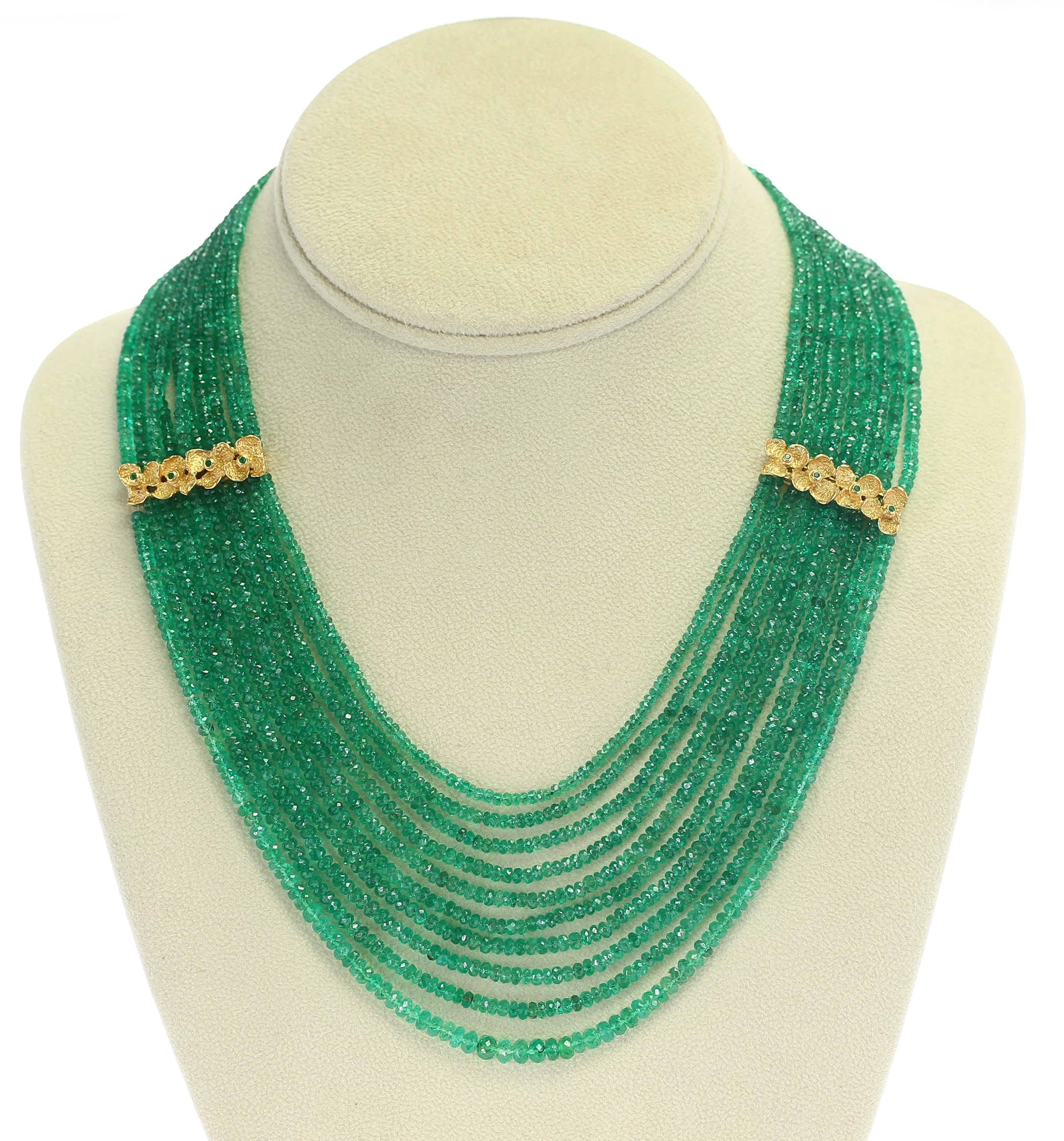 Fine Emerald Faceted Beads Necklace with Floral Emerald Designs, 18K Gold