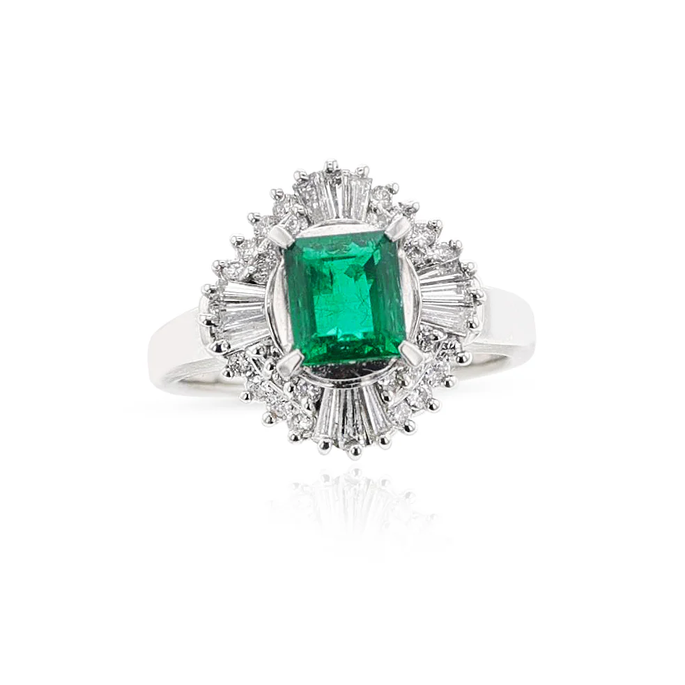 Natural Emerald Step-Cut Emerald Ring with 0.54 carats of Diamonds