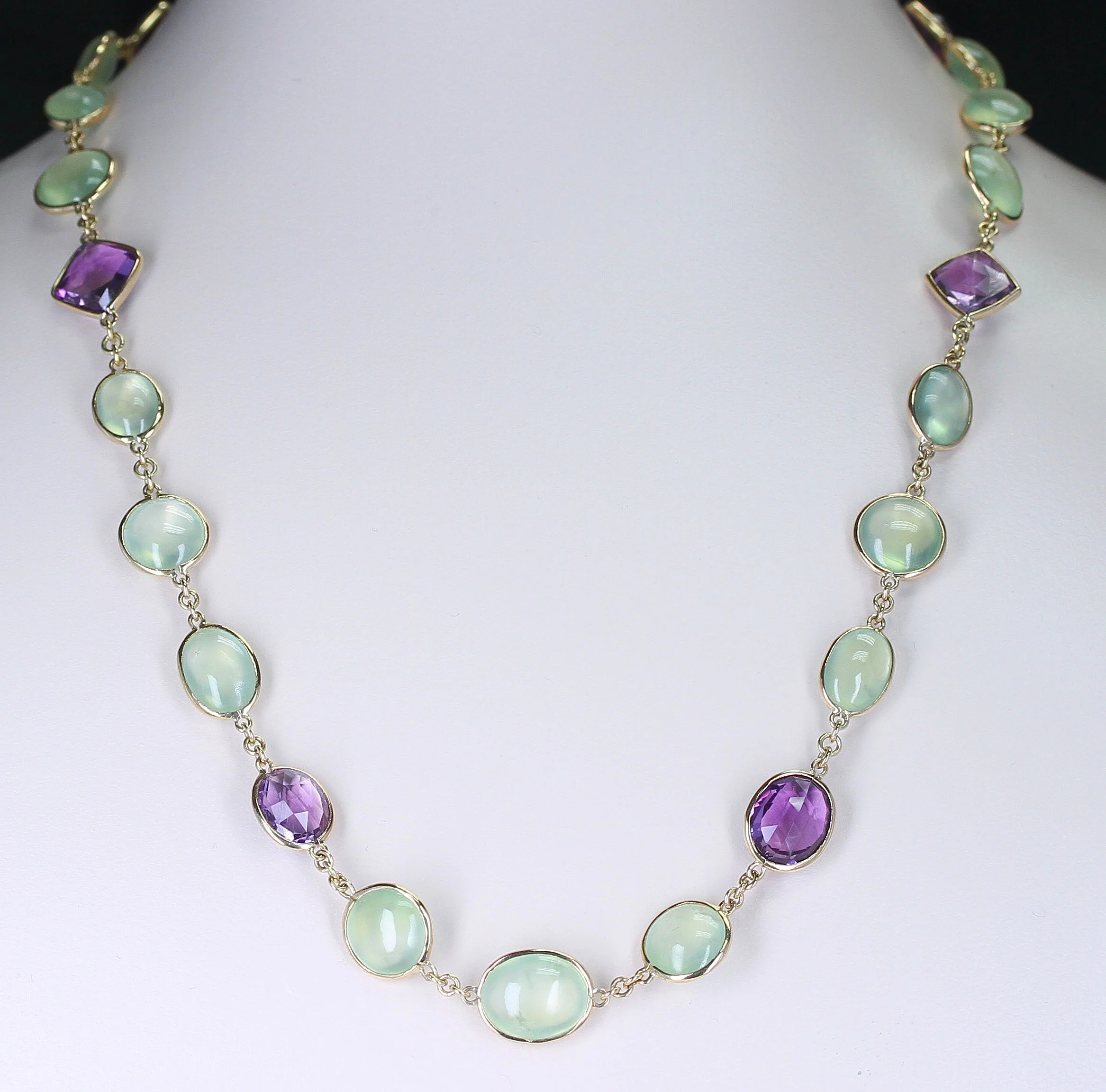 Amethyst and Green Prehnite Double Cabochon Fine 18K Yellow Gold Necklace