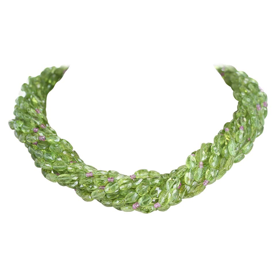 Genuine & Natural Peridot Tumbled Faceted Beads with Pink Sapphire Beads Choker Necklace