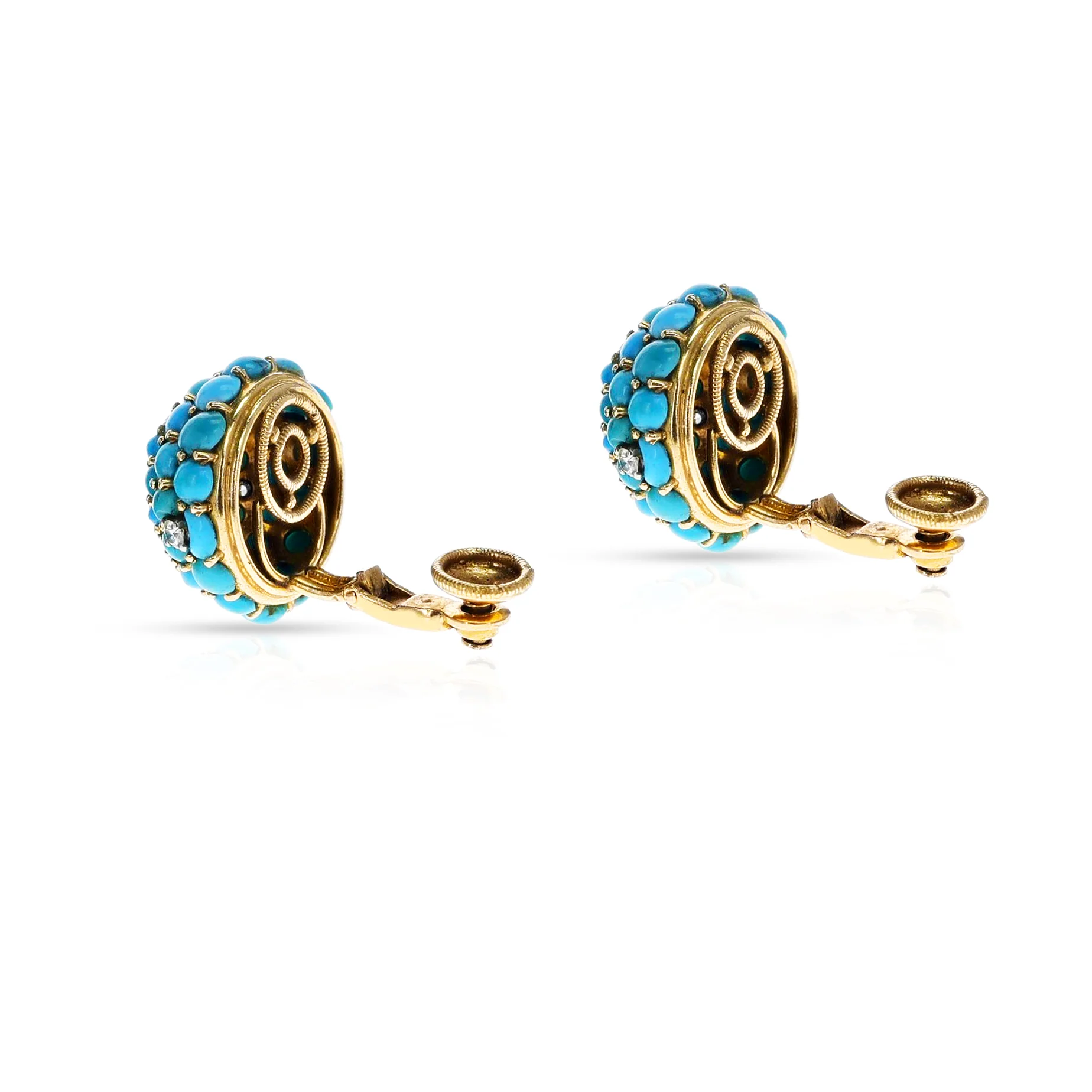 Round Turquoise, Sapphire and Diamond Earrings, 18k Yellow