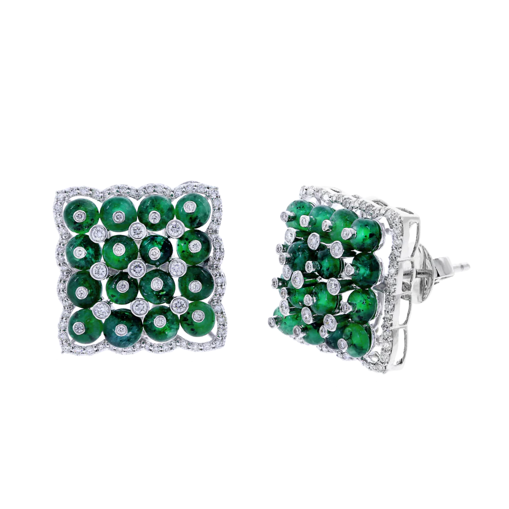 Square Emerald Earrings with Diamonds, 18K White Gold