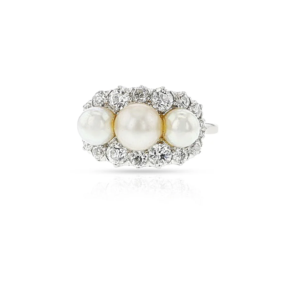 Tiffany & Co. Art Deco Akoya Pearl and European-Cut Diamond Ring, Platinum