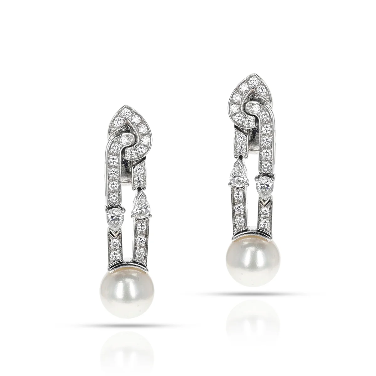 Bvlgari Cultured Pearl Earrings with Round and Pear Shape Diamonds, 18k