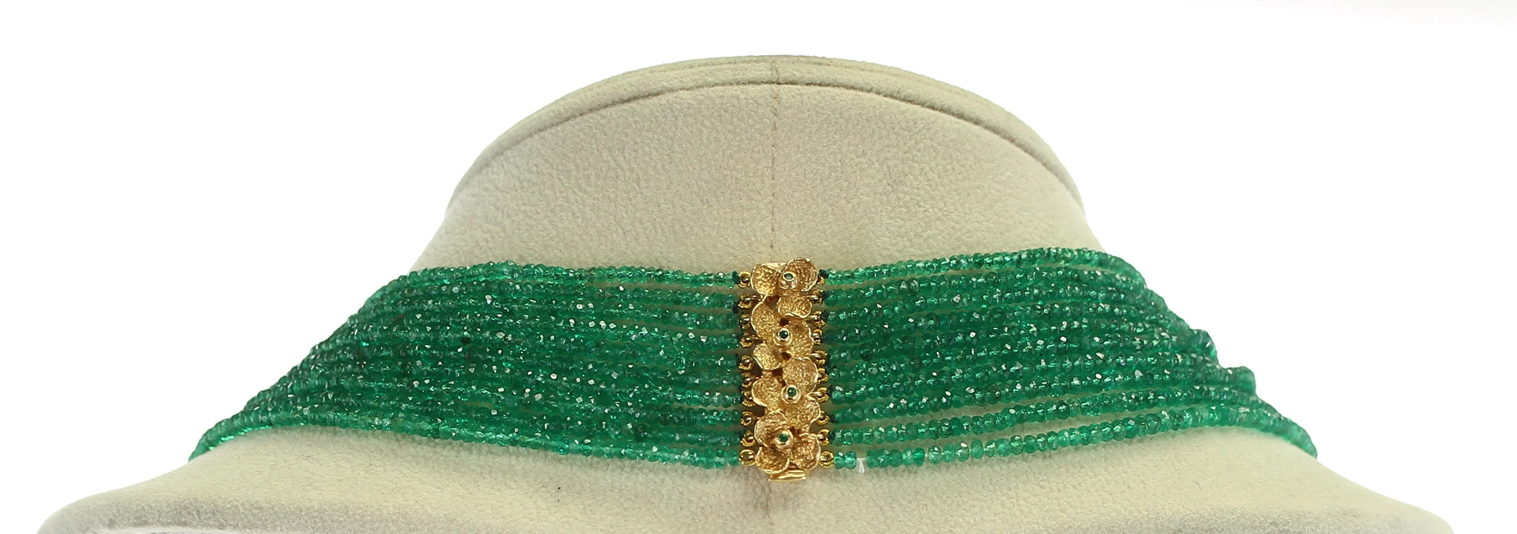 Fine Emerald Faceted Beads Necklace with Floral Emerald Designs, 18K Gold