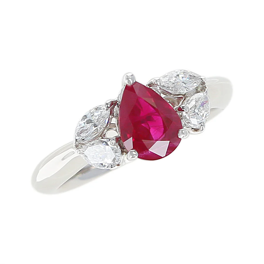 Pear Shape Ruby and Diamond Three Stone Ring, Platinum