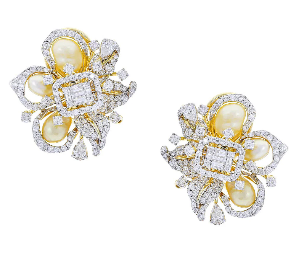 Fine Ribbon-Style Pearl and Diamond Earrings, 18K Yellow Gold
