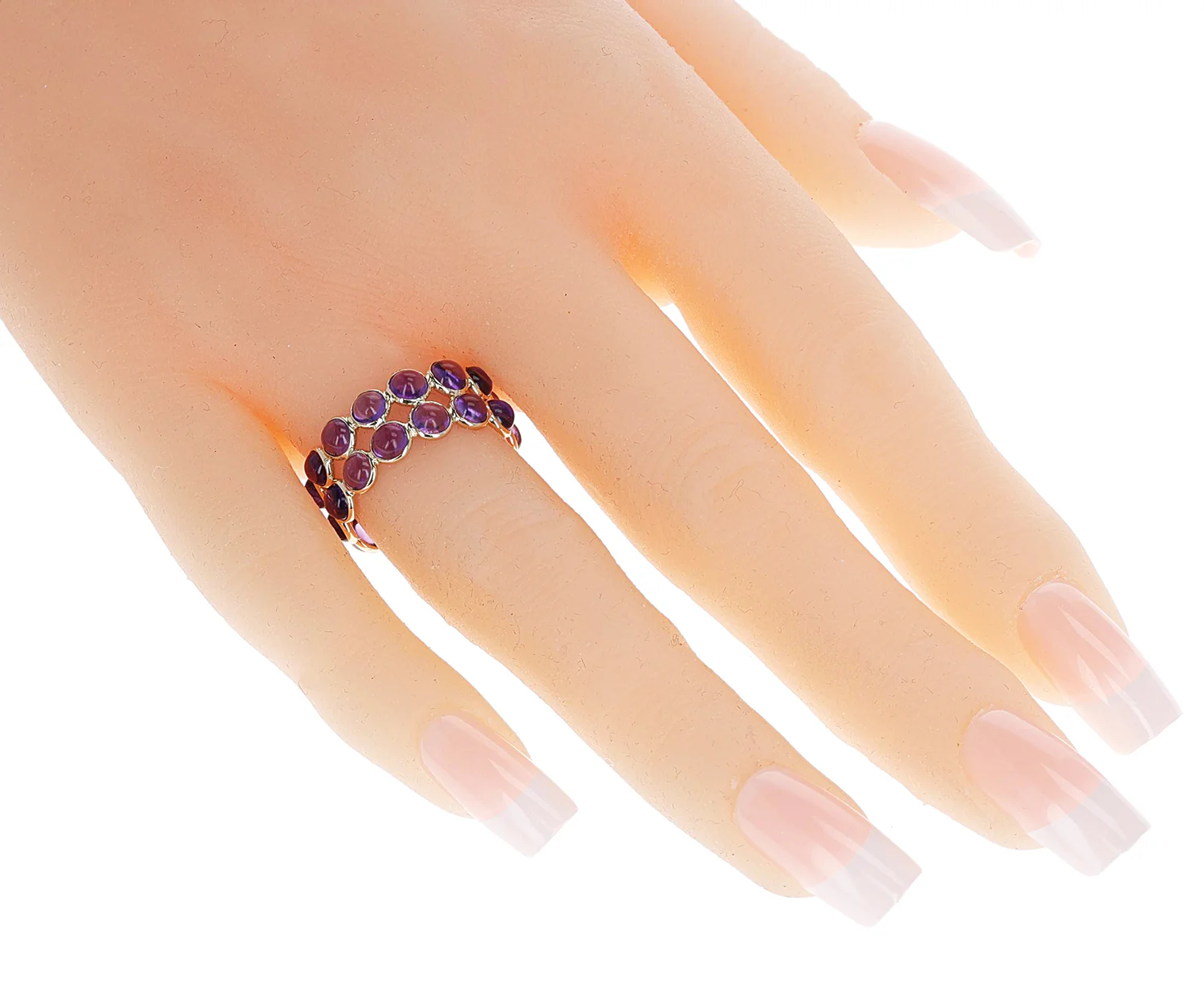 Purple Amethyst Round Cabochon Double Line Band, Yellow Gold