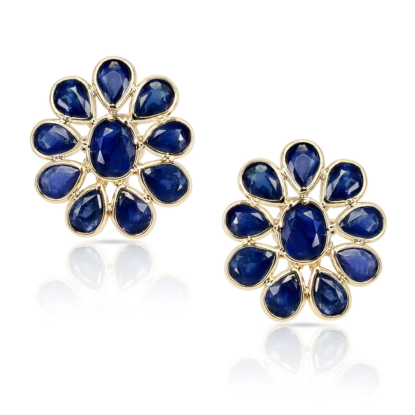 Blue Sapphire Bezel-Set Oval and Pear Shape Floral Earrings, 18 Karat Gold