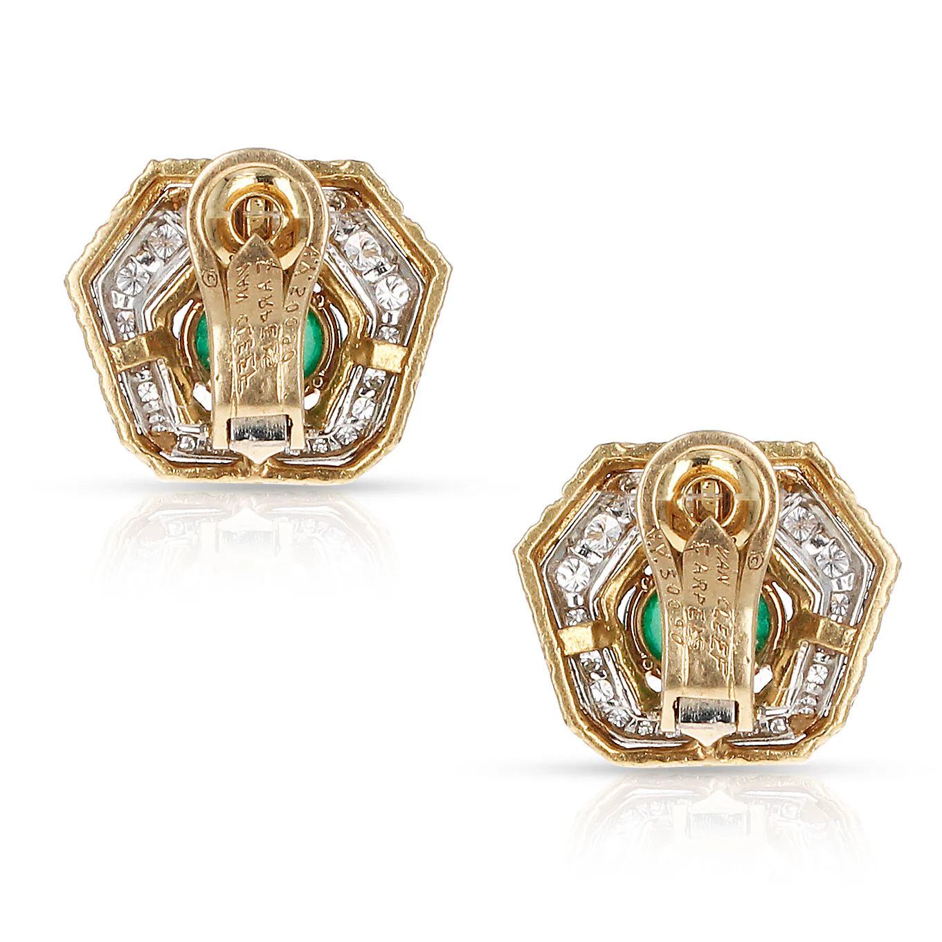 Van Cleef & Arpels Emerald Cabochon and Diamond Textured 18K Gold Earrings