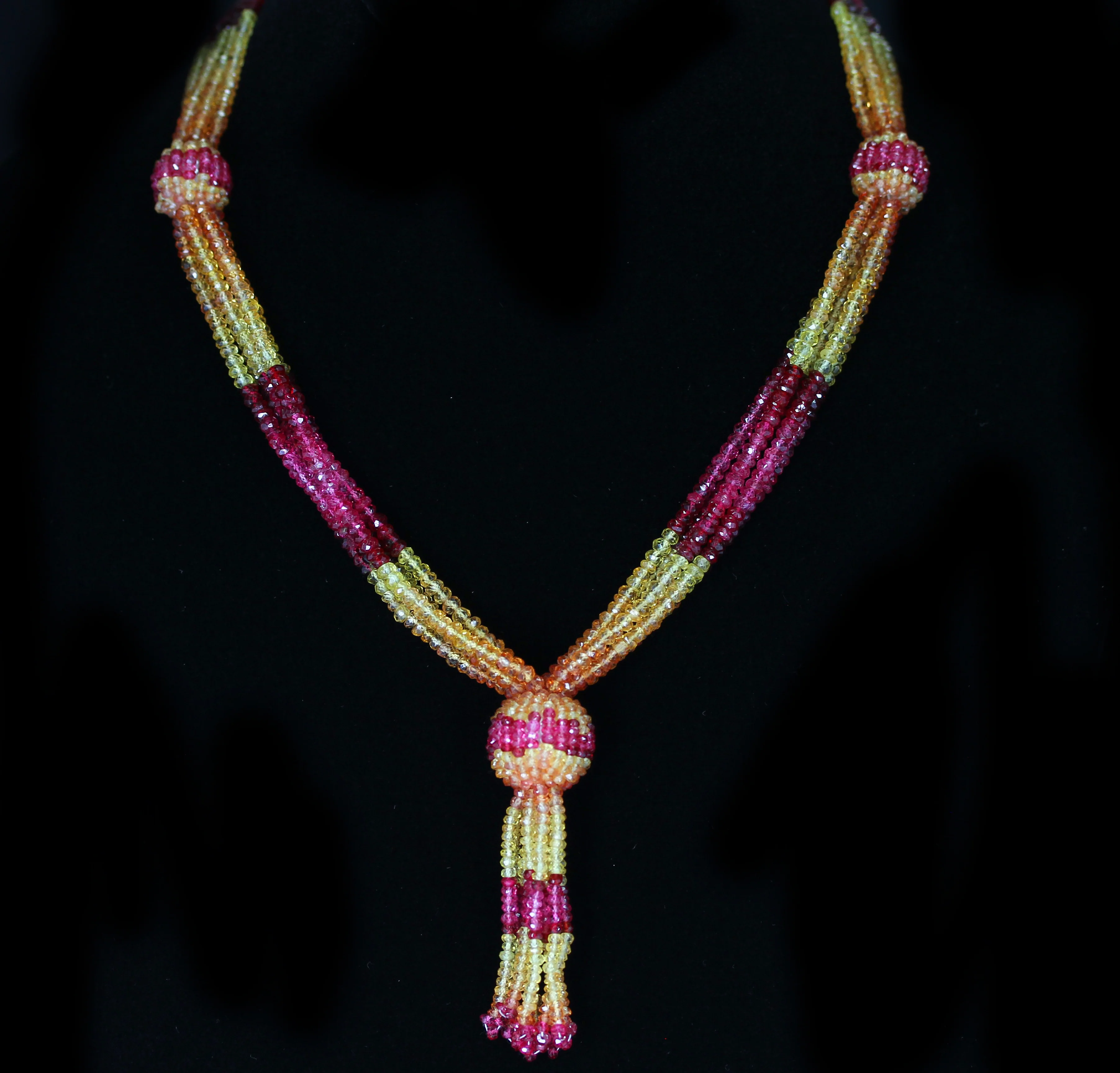 Yellow and Orange Sapphire with Spinel Faceted Beads, Tassel Necklace, 18K Yellow Gold Clasp with Diamonds
