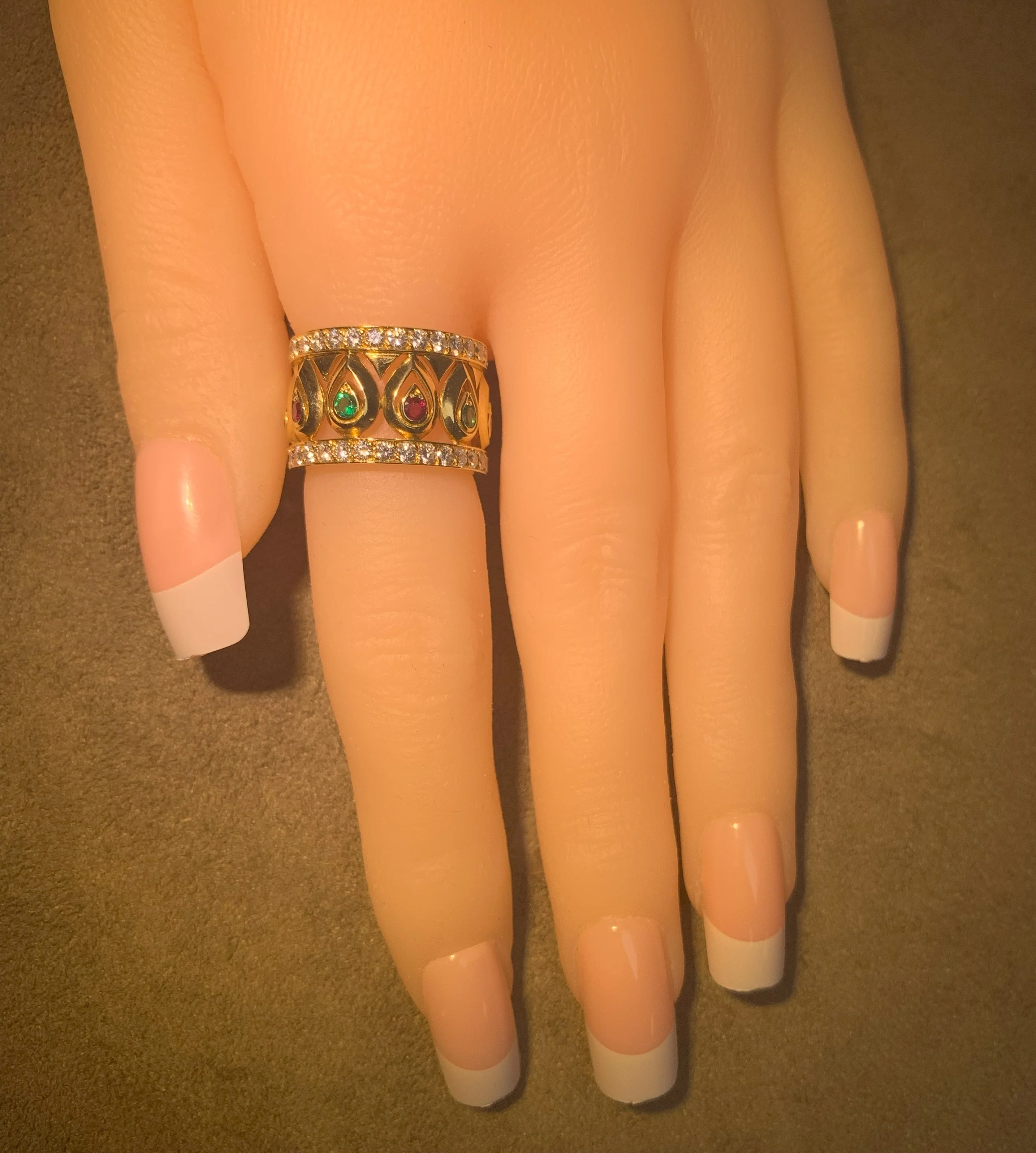 French Cartier Ruby and Emerald with Double Diamond Border Band, 18K with Certificate