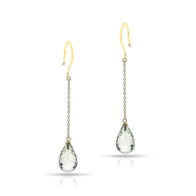 Semi-Precious Gemstone Briolette Drop Dangling Earrings, 18k