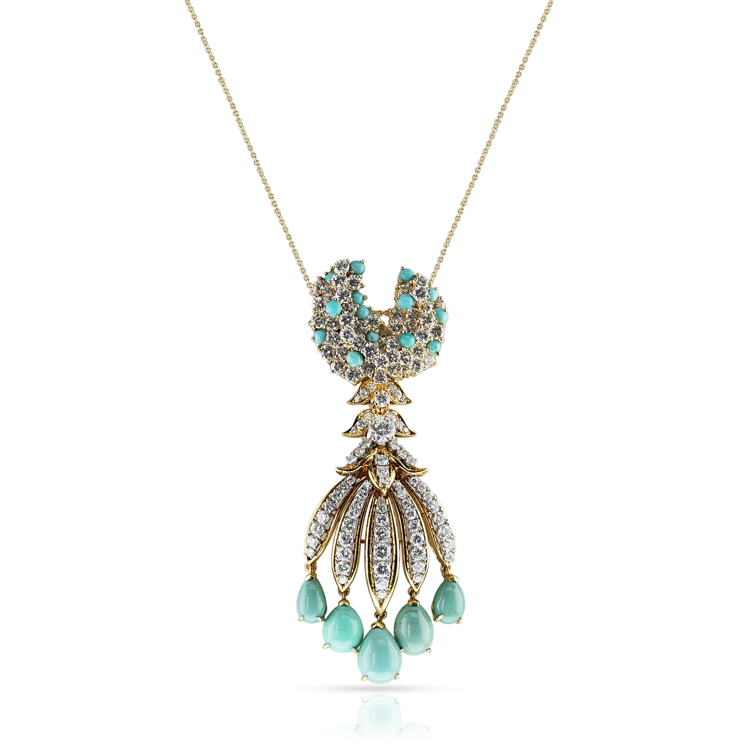 Turquoise and Diamond Fringe Necklace, Detachable Brooch, 18k