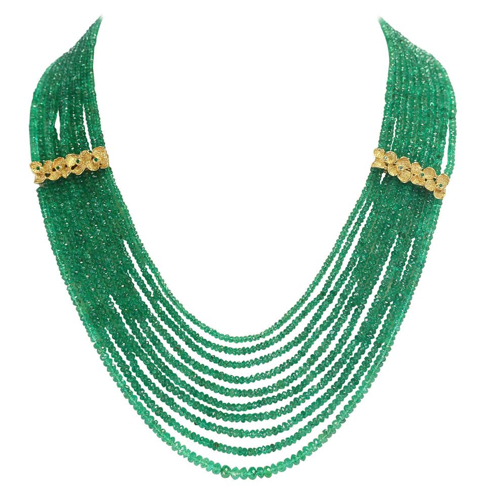 Fine Emerald Faceted Beads Necklace with Floral Emerald Designs, 18K Gold