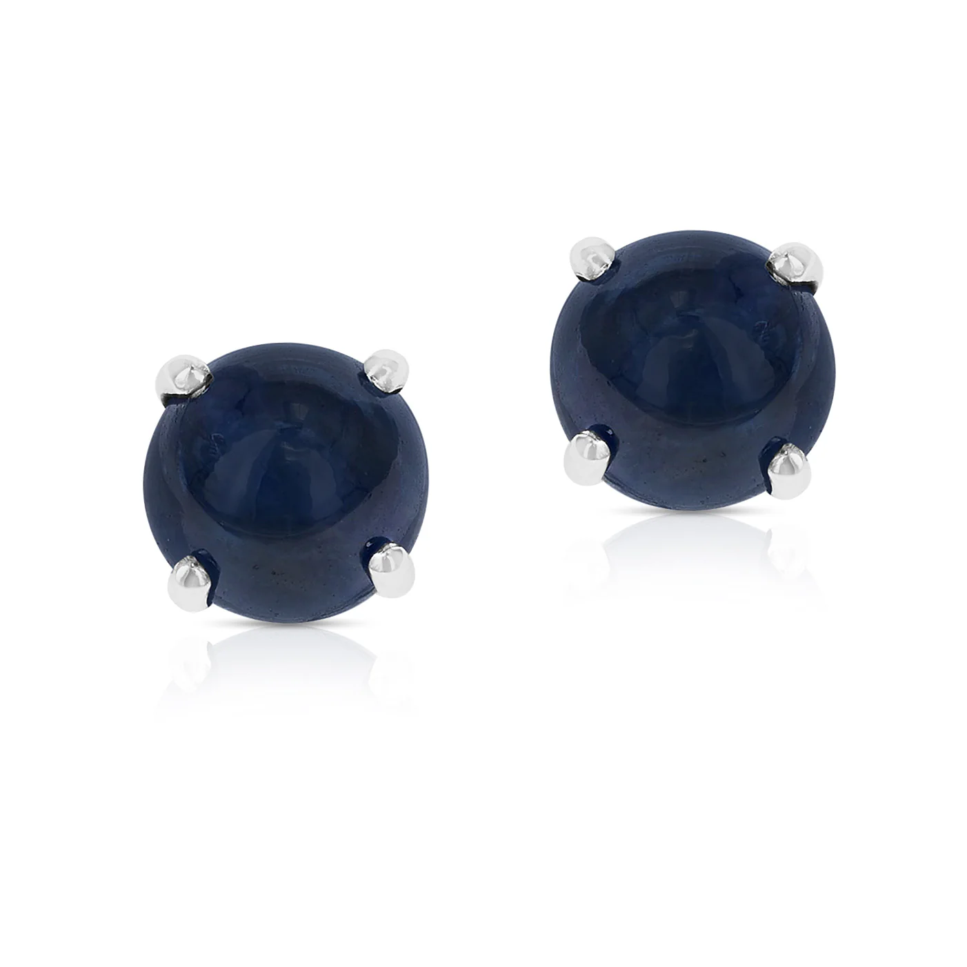 Dark Blue Sapphire Round Cabochon Stud Earrings Made in 14 Karat White Gold