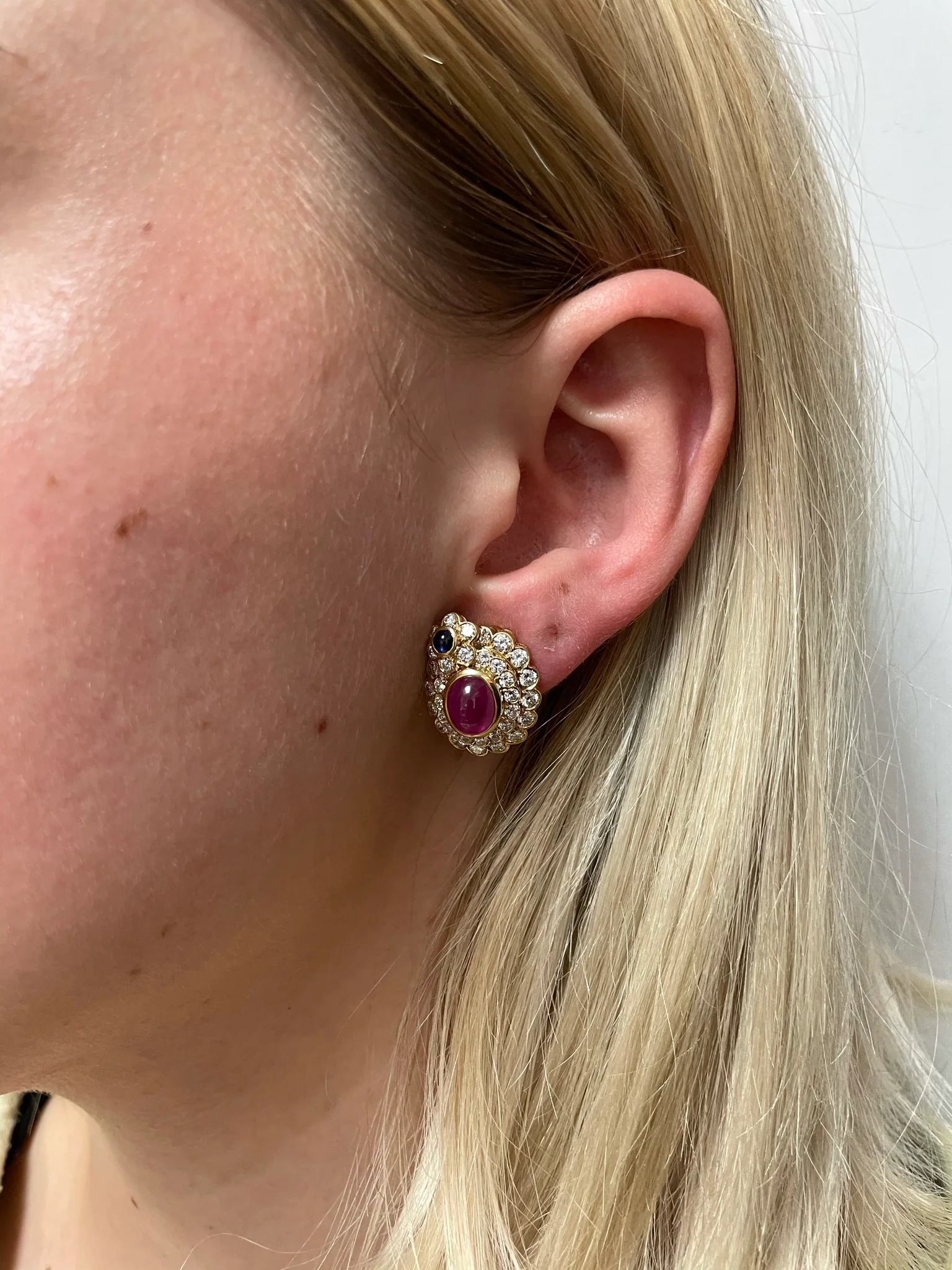 Oval Ruby Cabochon and Sapphire Cabochon and Diamonds Earrings