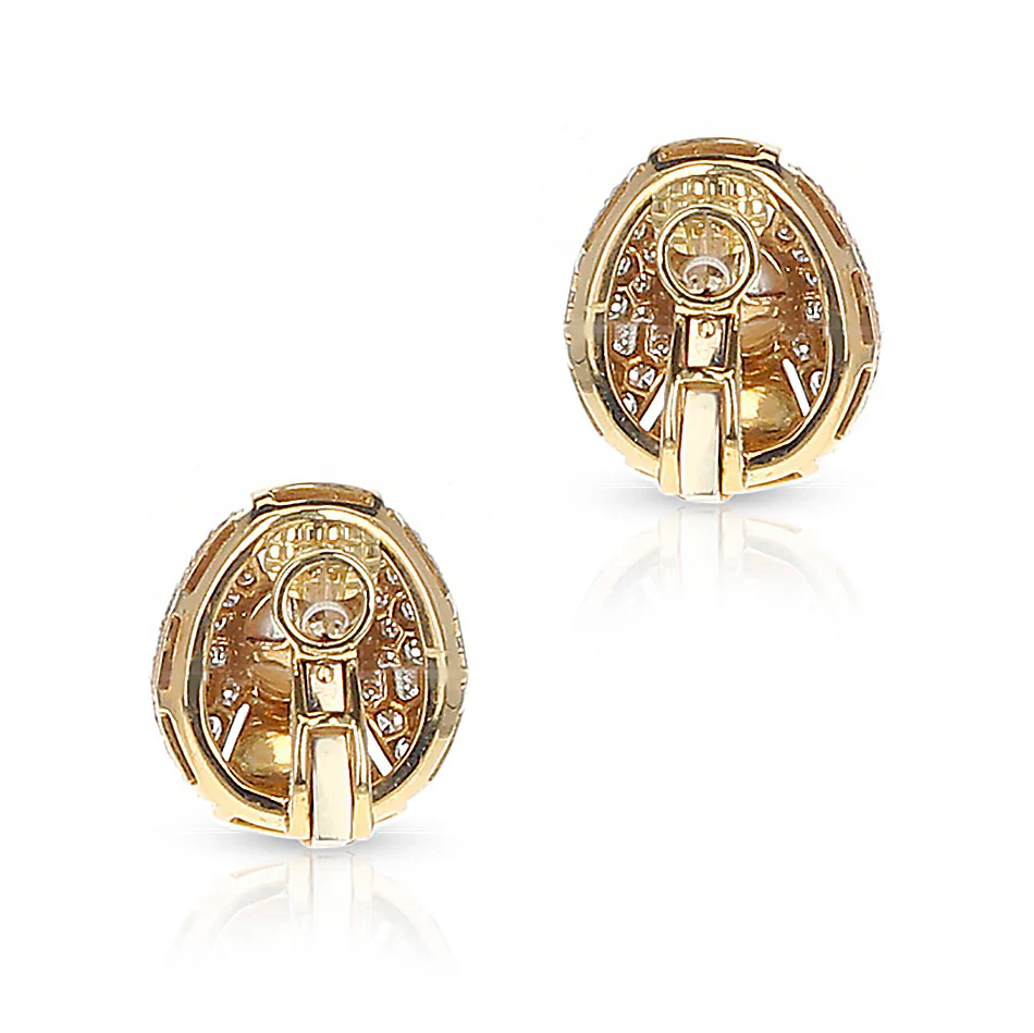 Cartier 8MM Pearl and Diamond Oval-Shape Earrings, 18 Karat Yellow Gold