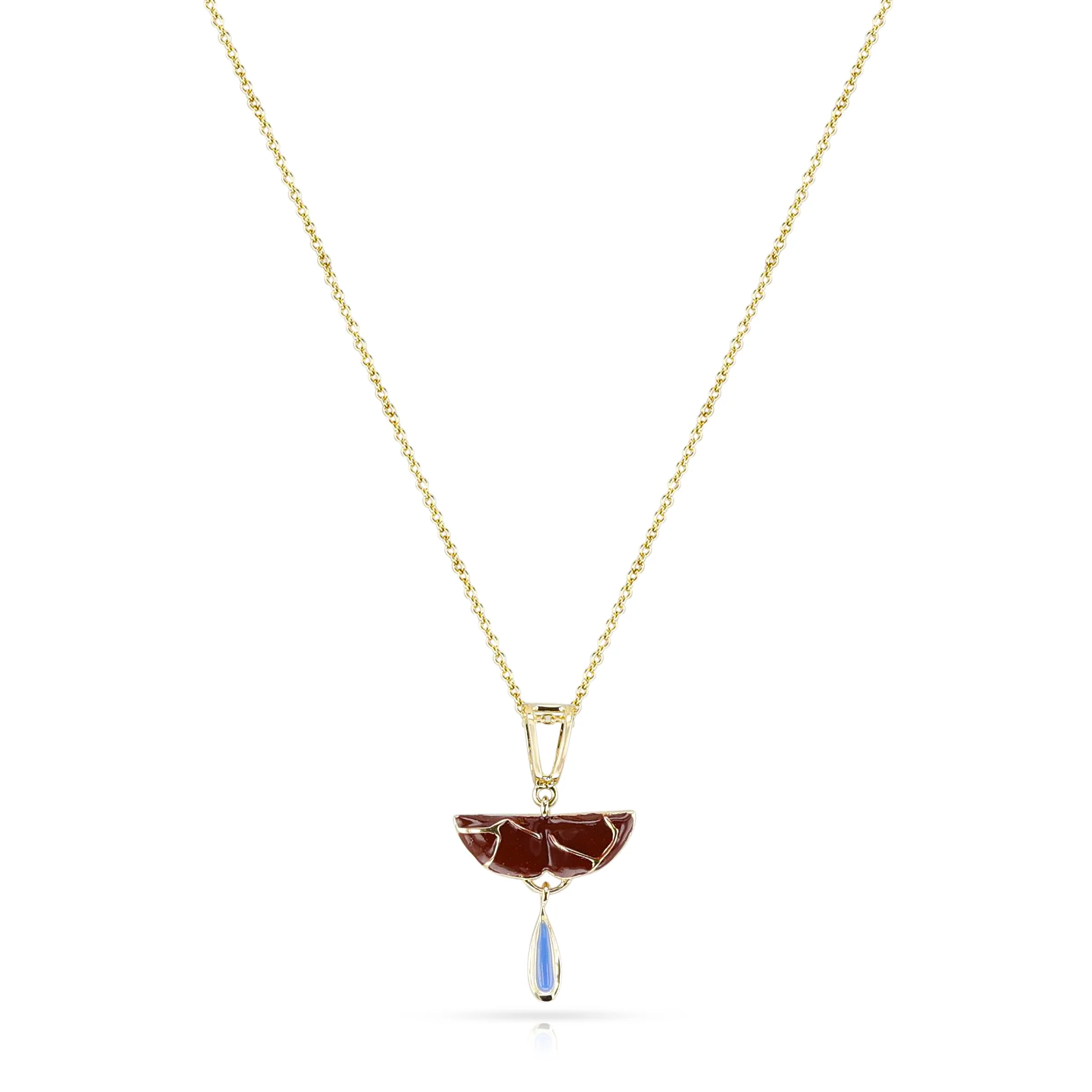 Red and Blue Enamel and Gold Lining Kintsugi Pendant Necklace, 14k