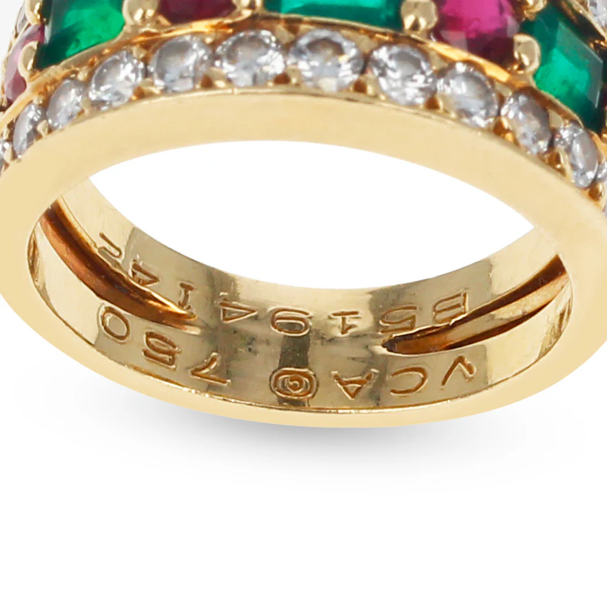Paris, France Van Cleef & Arpels Emerald and Round Ruby and Diamond Band Ring 18K Yellow