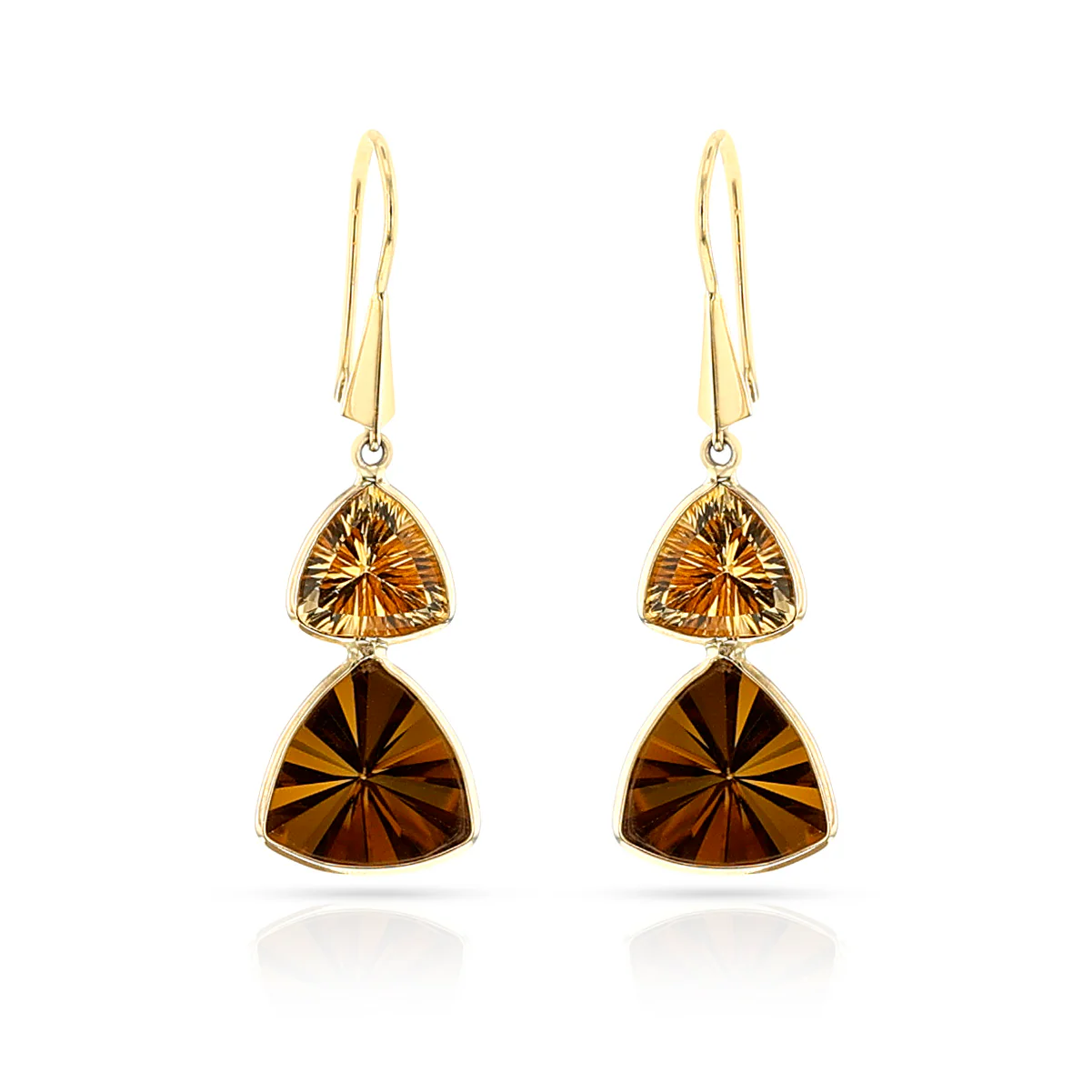 Citrine and Bear Quartz Triangular Dangling Hoop Earrings, 18k