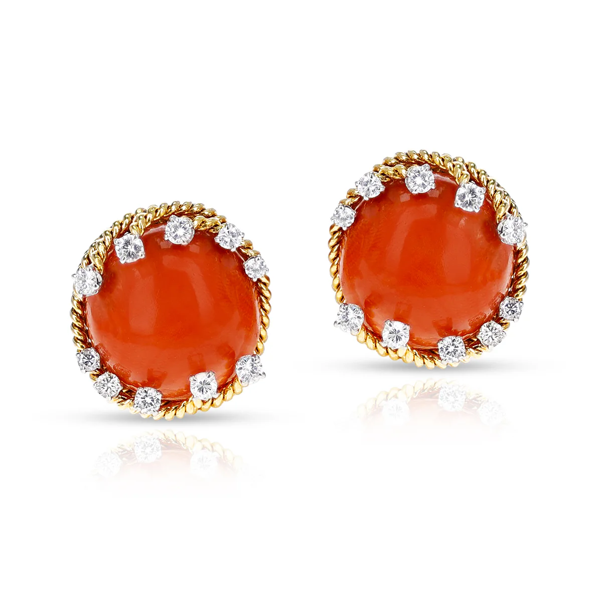 David Webb Coral Cabochon and Round Diamond Earrings