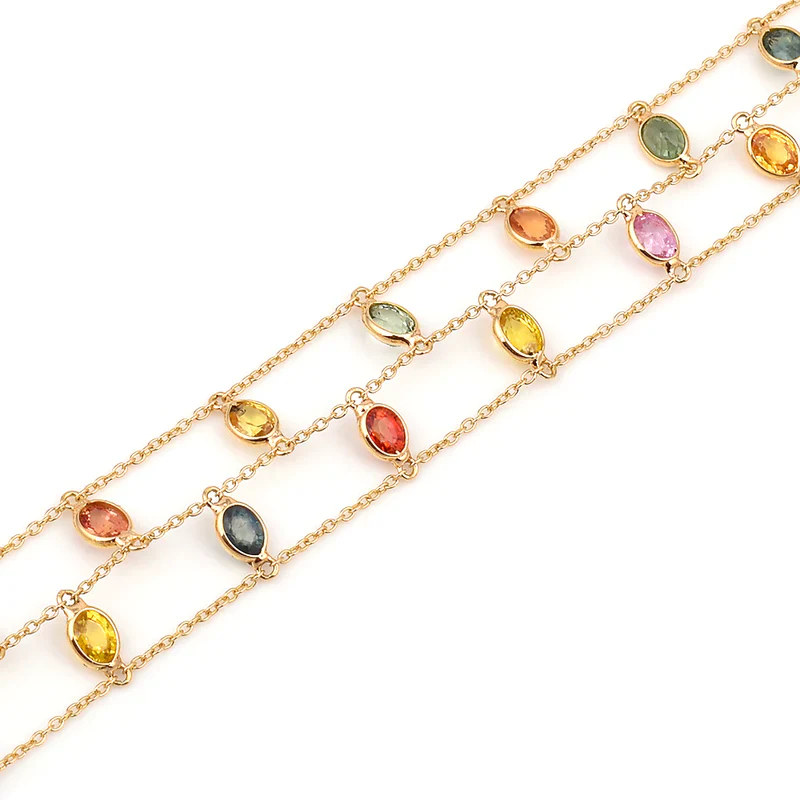 Oval Emerald, Ruby, Sapphire Double Line Adjustable Bracelet, 18k Yellow Gold