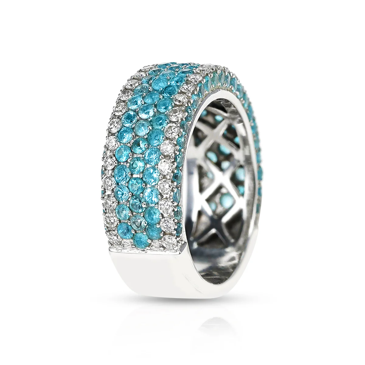 Brazilian Paraiba Tourmaline and Diamond Five Row Pave Ring