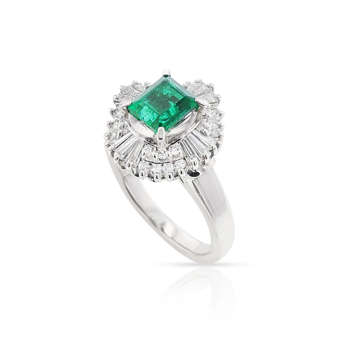 Natural Emerald Step-Cut Emerald Ring with 0.54 carats of Diamonds