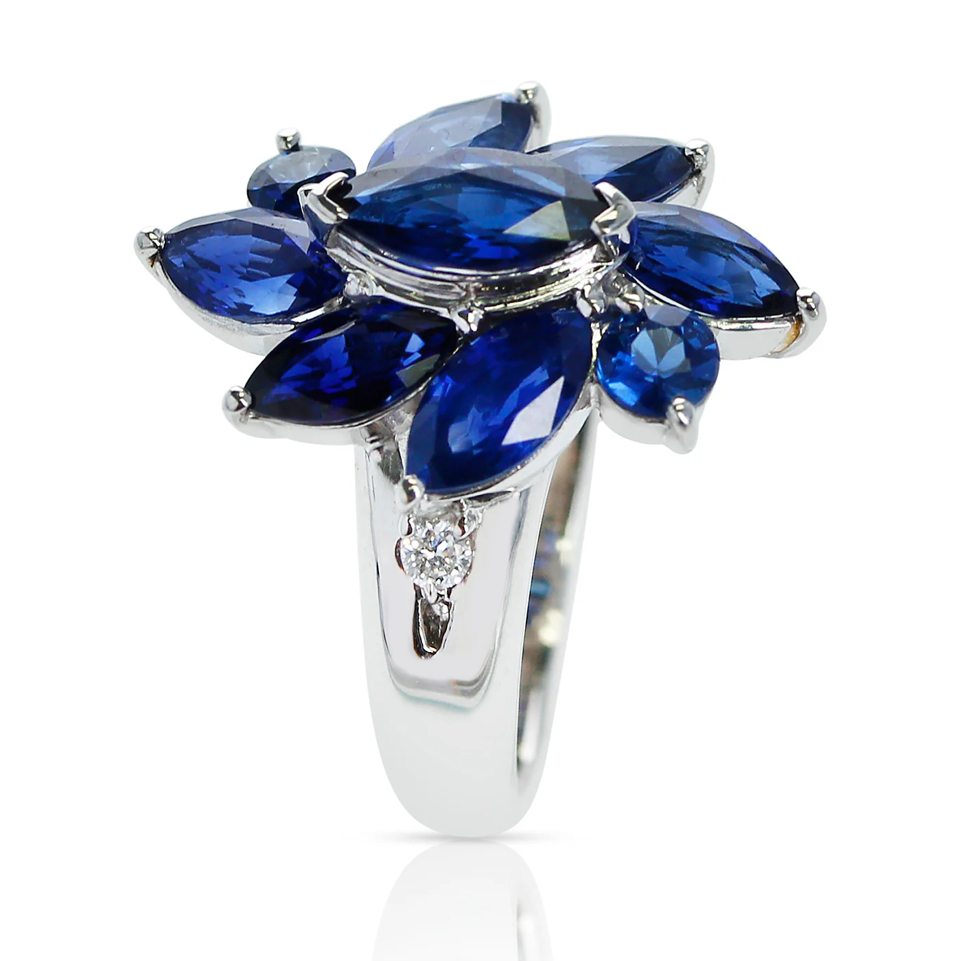 Marquise Flower Shape 3.88 carat Blue Sapphire and 0.06 Diamond Ring, Platinum